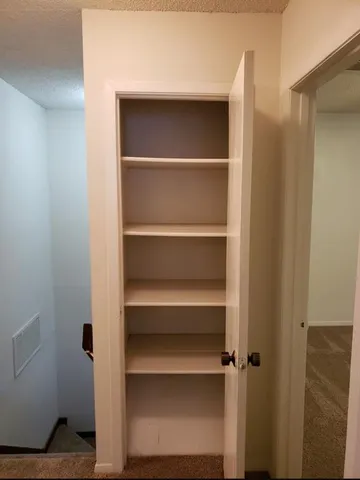 a view of walk in closet with empty racks