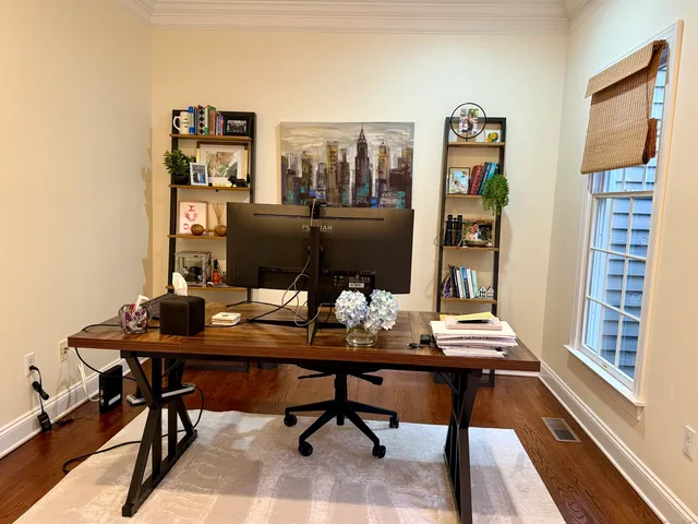 a view of a workspace with furniture and a potted plant