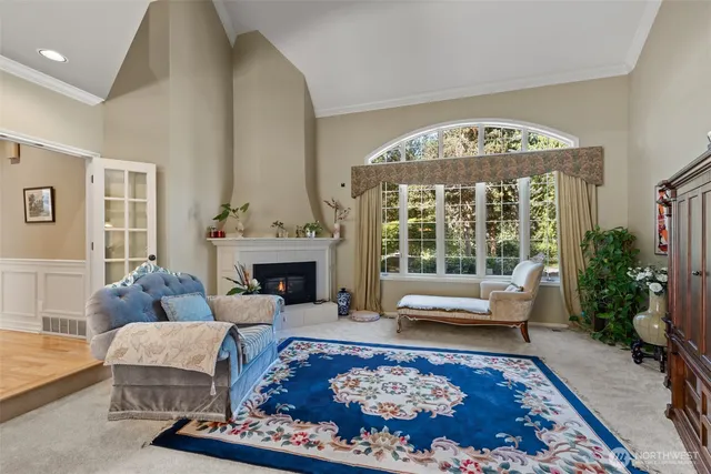 a living room with furniture a rug and a fireplace