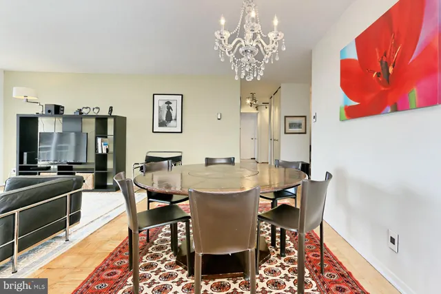 a view of a dining room with furniture