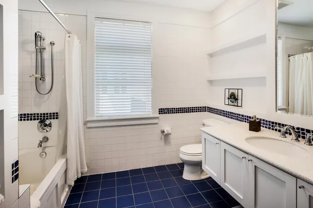 a bathroom with a double vanity sink a toilet and shower