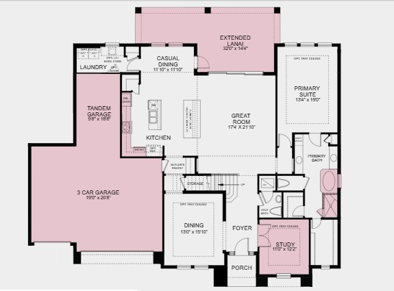 86651 Swift Launch Path Yulee, FL 32097 - Photo 24 of 25 First Floor Plan - Additional Highlights Include: gourmet kitchen, extended covered lanai, 3-car tandem garage, soaking tub with a separate shower in the primary bath, 8' interior doors, soft close drawers in the kitchen, and natural gas cooktop