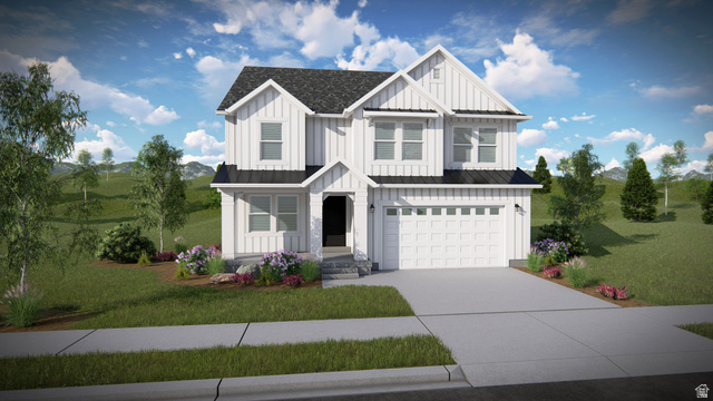 Contemporary two-story residence featuring white board-and-batten siding