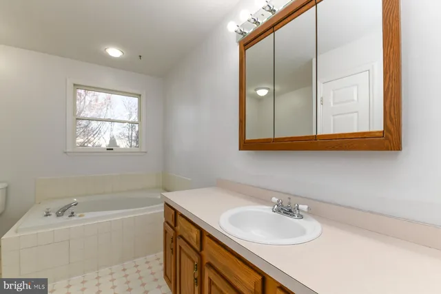a bathroom with a tub sink and mirror