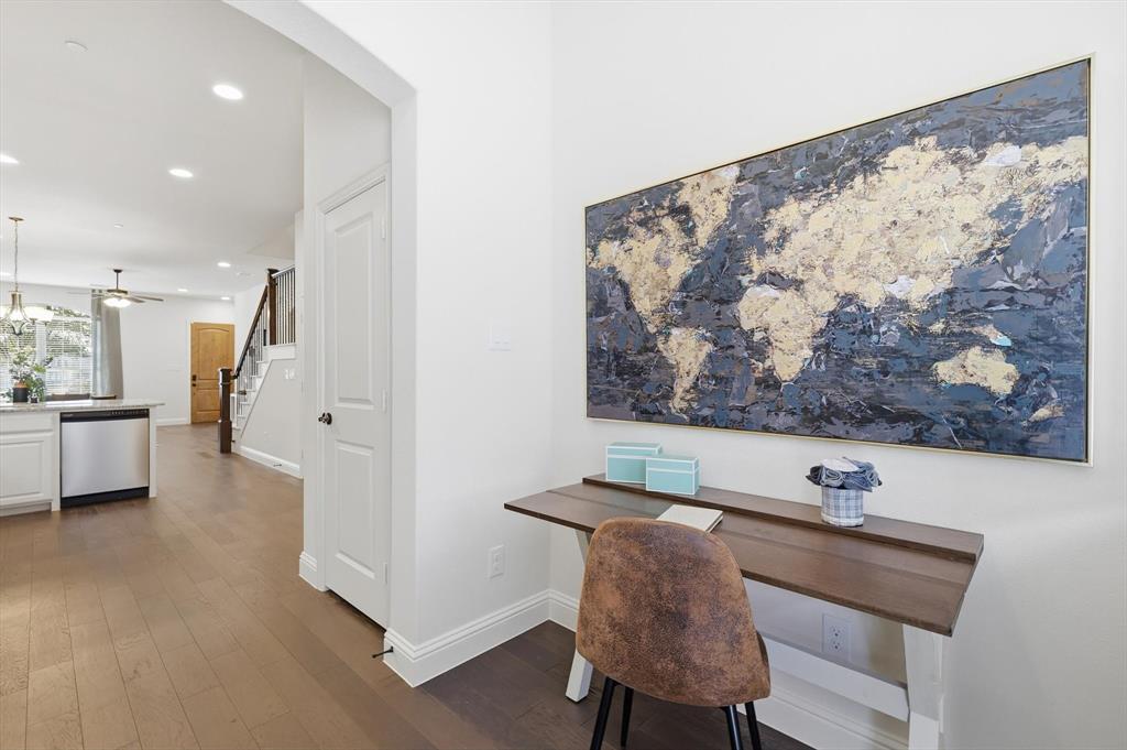 4642 Rhett Lane, Unit B Carrollton, TX 75010 - Photo 16 of 26 Home office with arched walkways, dark wood-style flooring, and recessed lighting