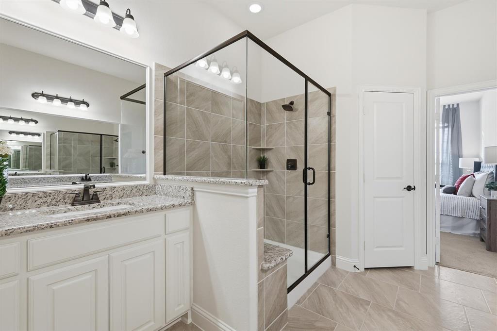 4642 Rhett Lane, Unit B Carrollton, TX 75010 - Photo 22 of 26 Bathroom featuring connected bathroom, vanity, and a shower stall