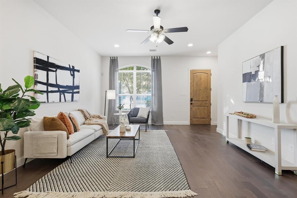 4642 Rhett Lane, Unit B Carrollton, TX 75010 - Photo 9 of 26 Living area featuring dark wood finished floors, recessed lighting, and a ceiling fan
