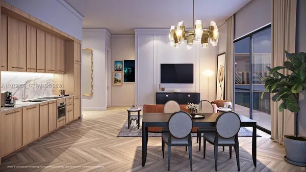 a dining room with wooden floor a chandelier a wooden table and chairs