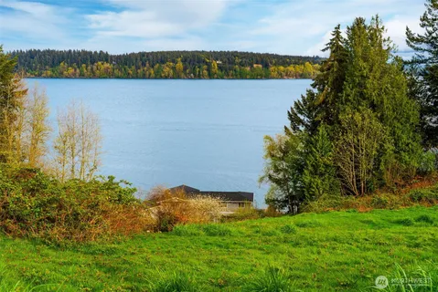 a view of a lake with houses in the back