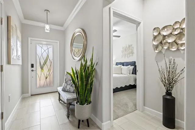 a living room with furniture and a potted plant