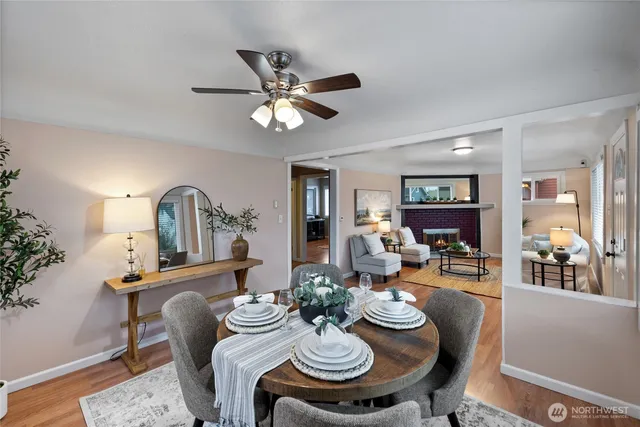 a view of a dining room with furniture