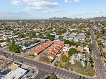 an aerial view of a building with entryway