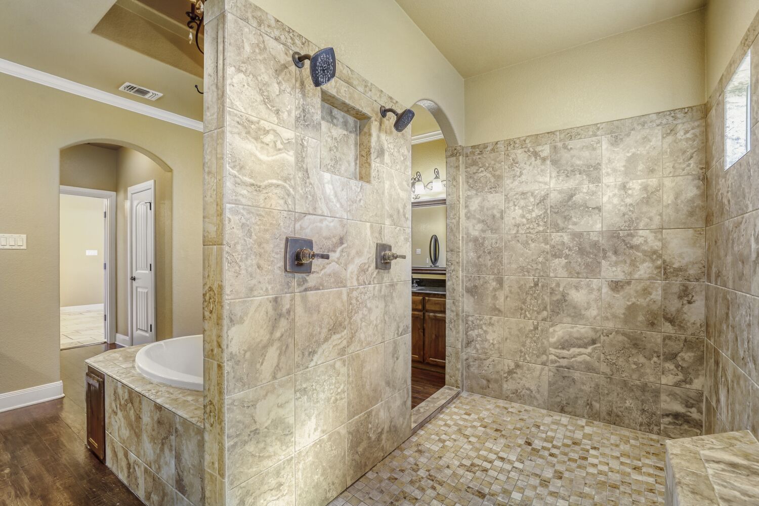 329 Jake Drive Jarrell, TX 76537 - Photo 8 of 17 Full bathroom with a walk in shower, vanity, crown molding, and dark wood finished floors