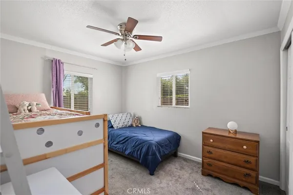 a spacious bedroom with a bed and a dresser