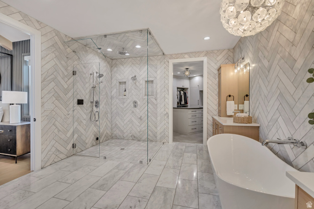 1720 Hillcrest Circle Mapleton, UT 84664 - Photo 56 of 116 Bathroom featuring vanity, a freestanding bath, a spacious closet, and a stall shower