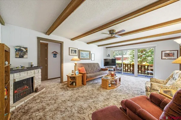 a living room with furniture a fireplace and a floor to ceiling window