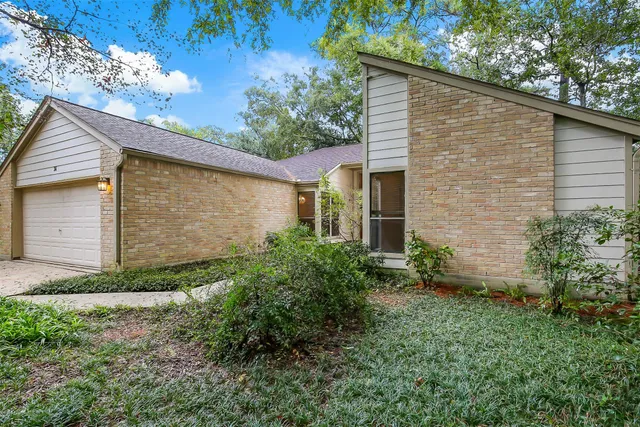 a backyard of a house with plants and large tree