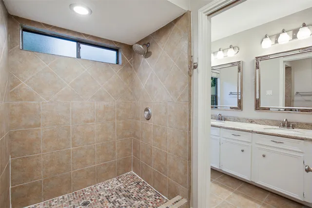 a bathroom with a granite countertop sink a shower and a mirror