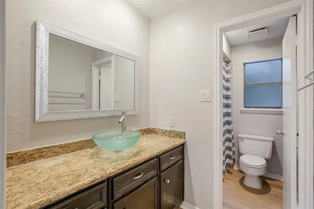a bathroom with a granite countertop toilet sink and mirror