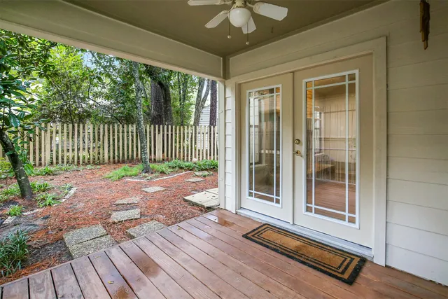 a porch with seating space
