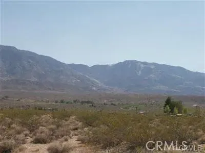 a view of a dry field with mountains in the background