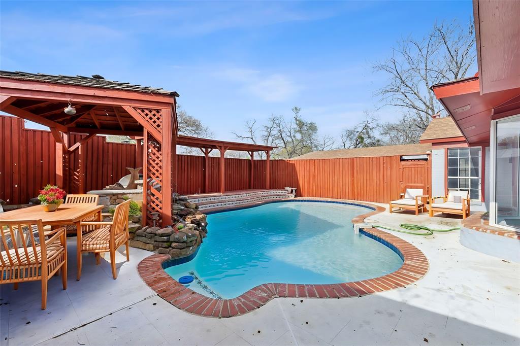 View of swimming pool featuring a fenced in pool, a fenced backyard, a gazebo, outdoor dining area, and a patio area