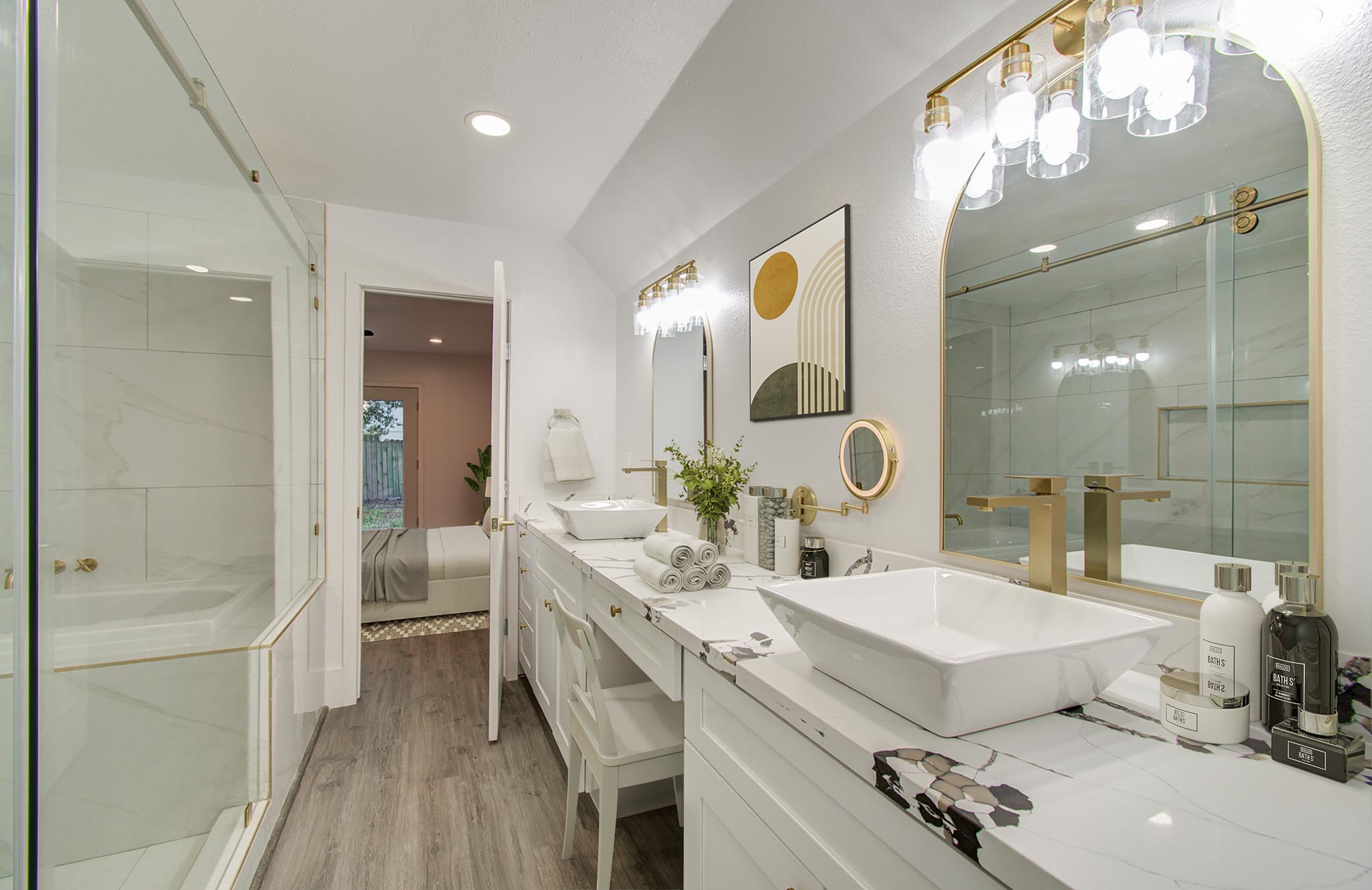 556 Brandon Road Conroe, TX 77302 - Photo 19 of 28 a bathroom with a double vanity sink mirror and shower