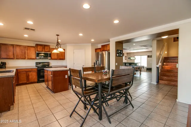 a view of a dining room with furniture