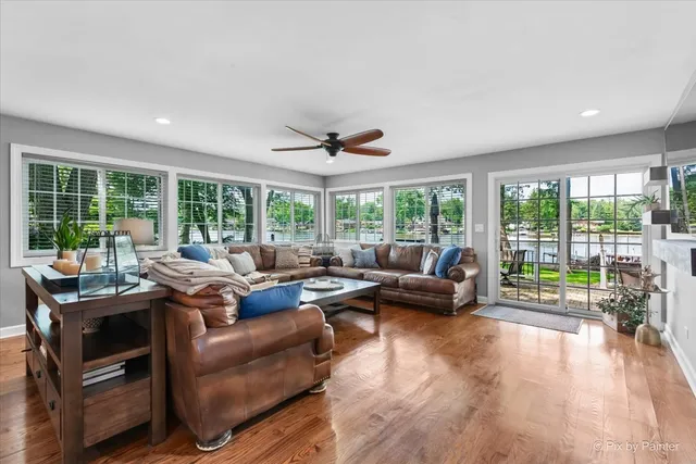 a living room with furniture and a large window with outer view