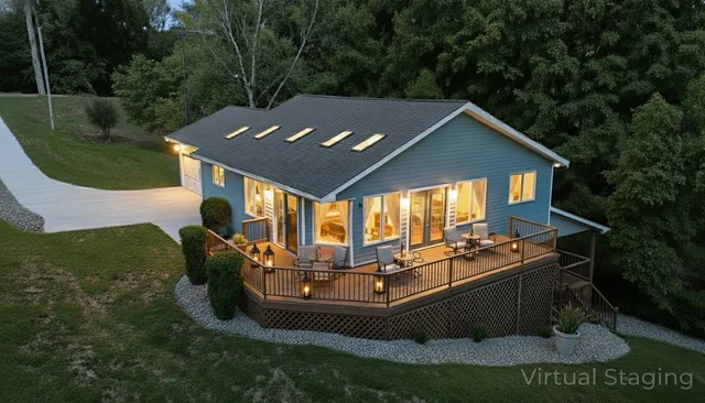 a backyard of a house with yard table and chairs
