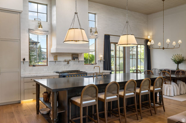 558 West Rheinfalls Circle Midway, UT 84049 - Photo 9 of 61 Chef's kitchen featuring a six-burner gas range, stainless steel appliances, and a substantial waterfall-edge island with seating for multiple guests