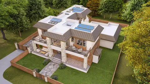 an aerial view of a house with a garden