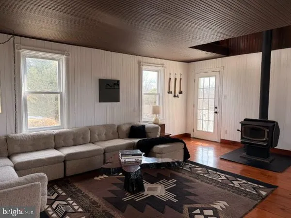 a living room with a couch and a potted plant