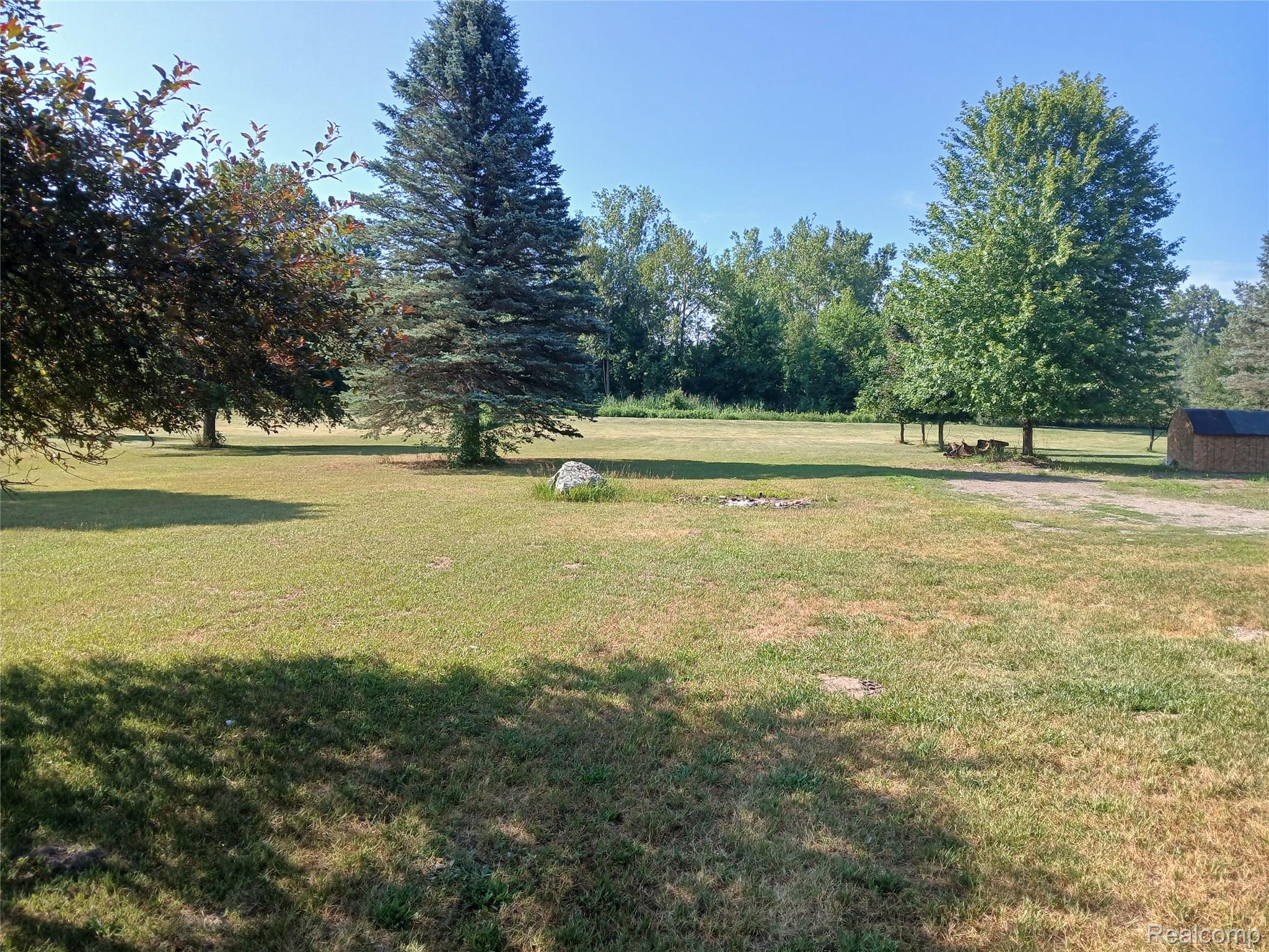 1938 North Englehart Road Deford, MI 48729 - Photo 10 of 27 Expansive grassy area featuring mature deciduous and evergreen trees, a gravel path, and a wooden shed with a dark roof