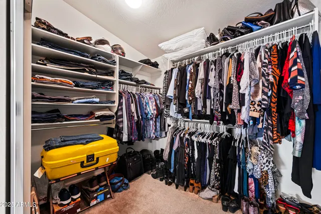 a view of walk in closet with clothes and shoes