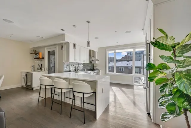 a dining room with furniture and potted plant