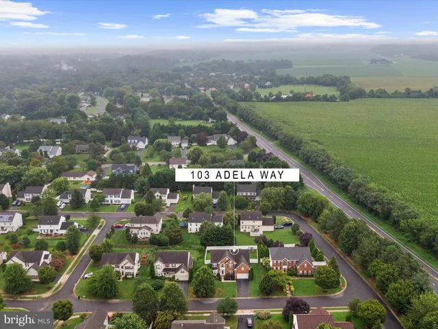 an aerial view of residential house with outdoor space and trees