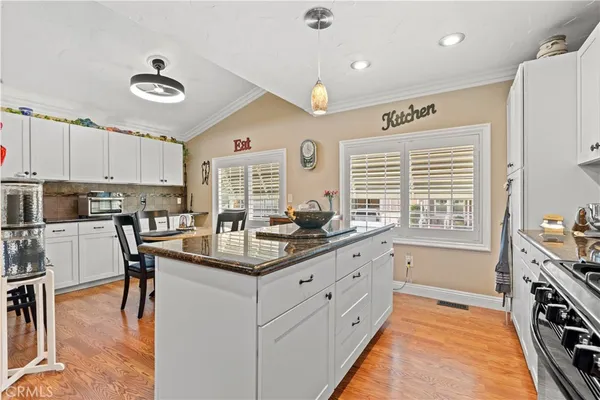 a view of a dining room with furniture