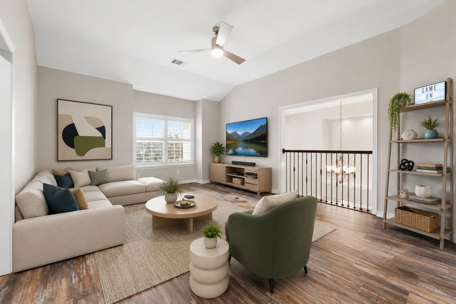 28226 South Firethorne Road Katy, TX 77494 - Photo 20 of 39 Situated on the second floor, this large, versatile gameroom provides an ideal secondary living area or play space, featuring a modern ceiling fan and a beautiful wrought-iron overlook to the foyer below. Virtually staged.