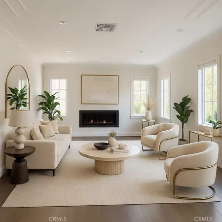 a living room with furniture and a large mirror