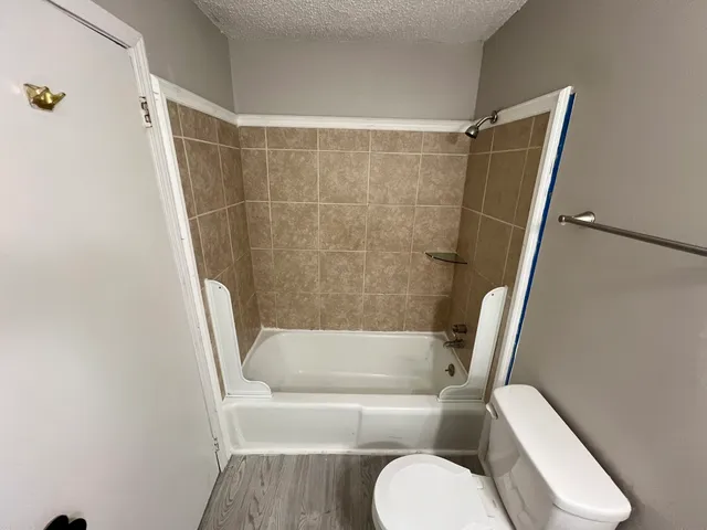 a bathroom with a toilet and a bathtub