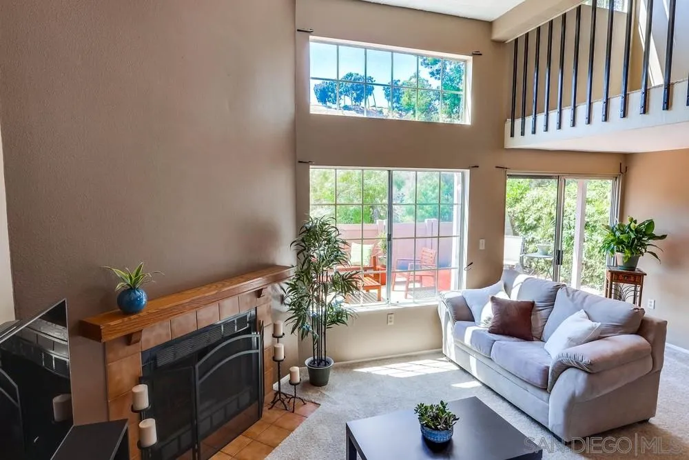 a living room with furniture a fireplace and a potted plants