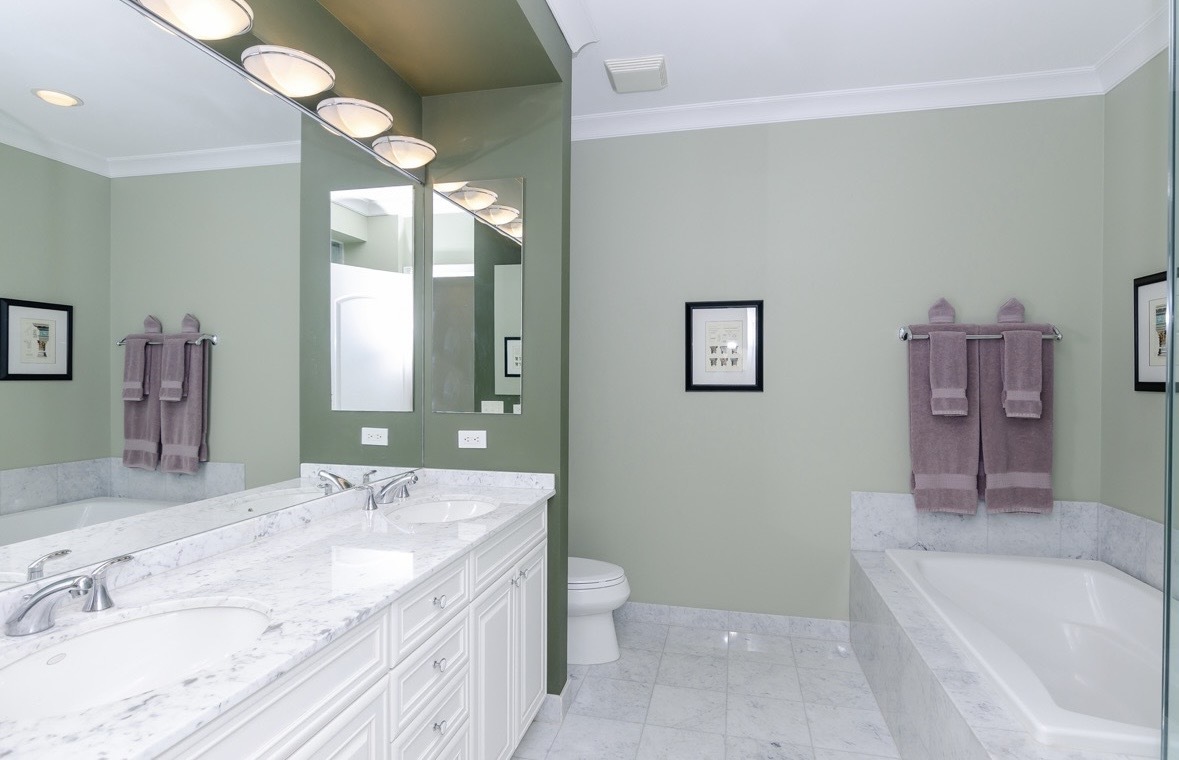 1125 West Monroe Street Chicago, IL 60607 - Photo 18 of 49 a bathroom with a granite countertop sink a large mirror and a bathtub