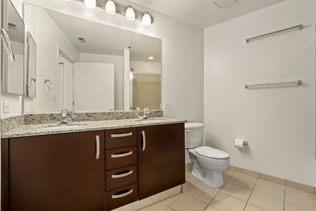 225 South Sangamon Street, Unit 412 Chicago, IL 60607 - Photo 17 of 29 a bathroom with a granite countertop sink toilet and mirror
