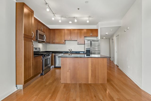 225 South Sangamon Street, Unit 412 Chicago, IL 60607 - Photo 10 of 29 a kitchen with stainless steel appliances granite countertop a refrigerator a sink a stove and oven a wooden floor