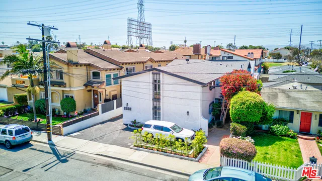 a aerial view of a house with a yard and potted plants