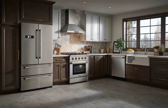 a kitchen with stainless steel appliances a stove a sink and a refrigerator