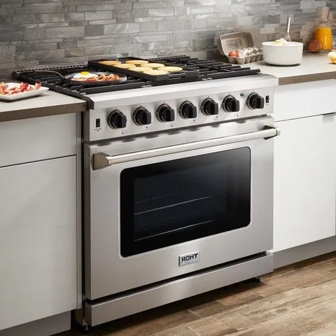a stove top oven sitting inside of a kitchen with stainless steel appliances wooden floor