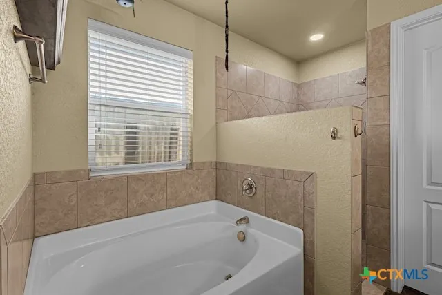 a bathroom with a bathtub and a shower