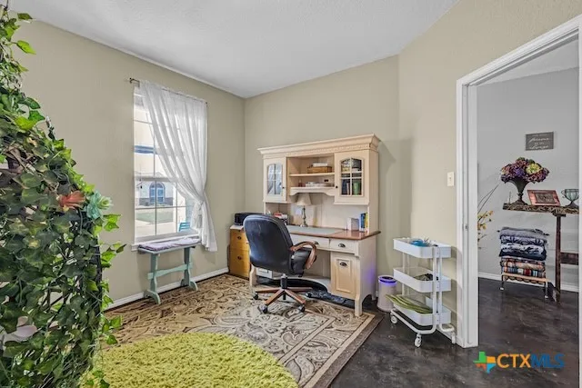 a work room with furniture and a potted plant